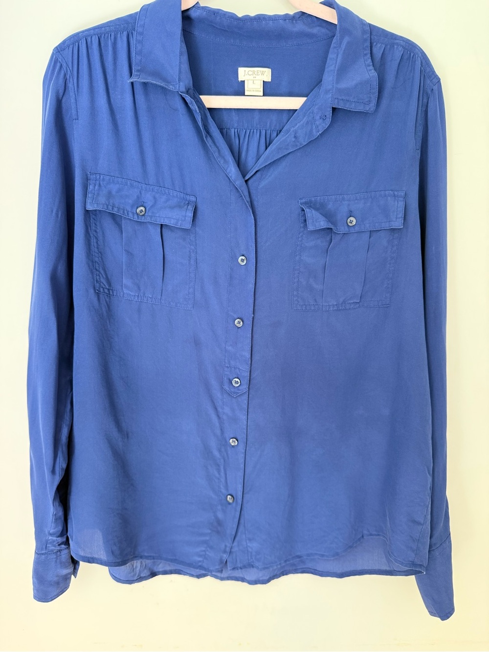 J.Crew Cobalt Blue 100% Silk Button Front Pocket Blouse Size L